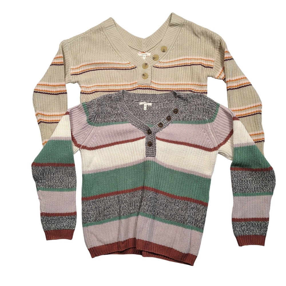 Maurices Sweater Bundle Womens M Henley V-Neck Striped Knit Multi-Color 2pk